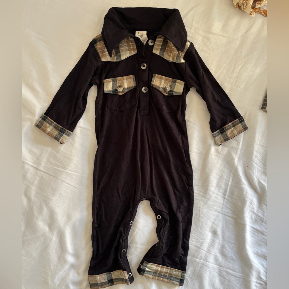 BRWOT Kate Quinn Plaid Trim Black bamboo Baby Romper 3-6 months
